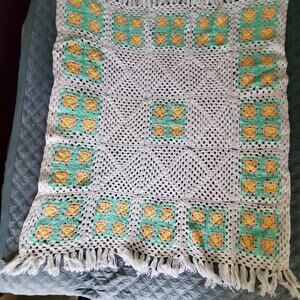 Handmade Crocheted White and green, peach colored yarn fringe throw blanket